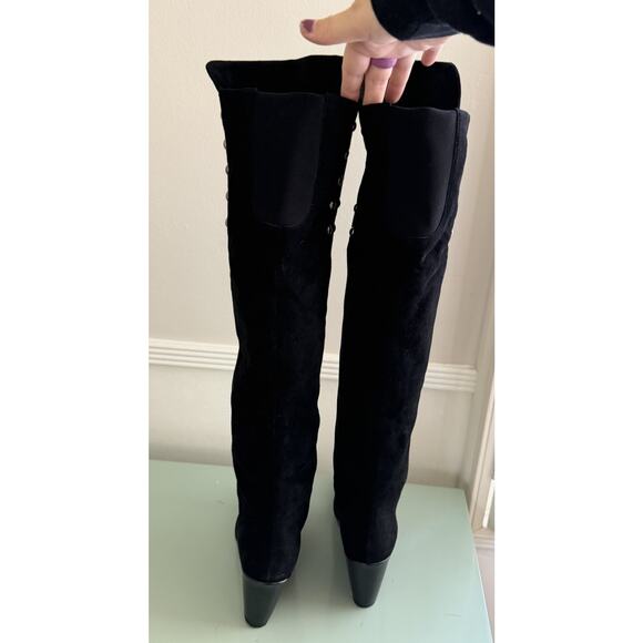 Vintage Y2K Stuart Weitzman Boots 8 Moto Over The Knee Studded Black Suede Wedge - Picture 5 of 8
